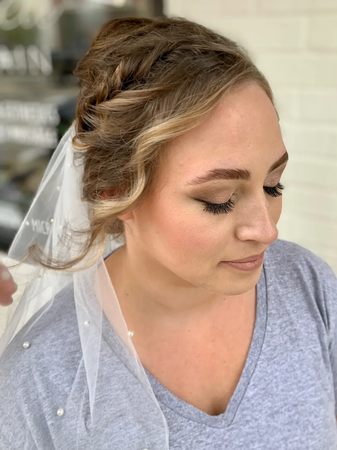 Natural soft-glam makeup, eyes down