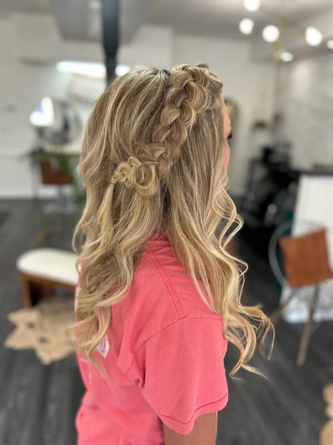 Blonde half-up with rope braid and curls